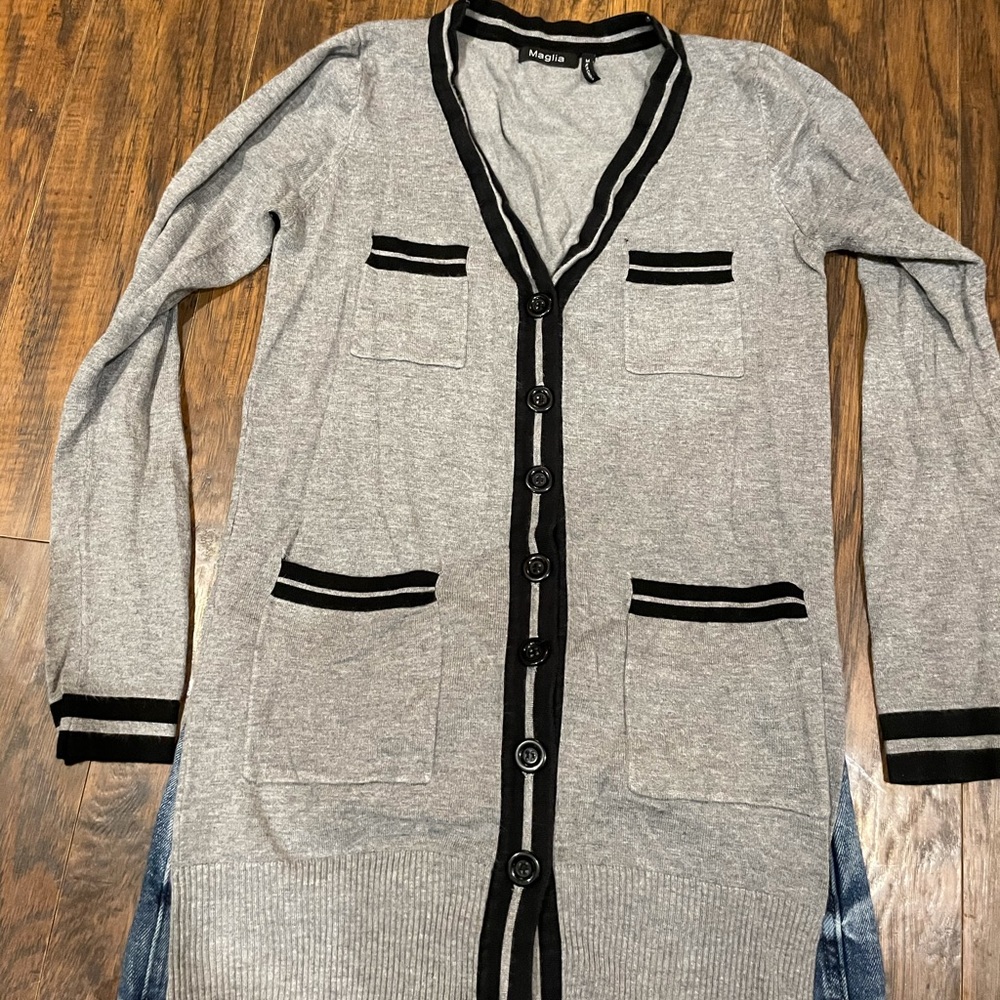 Grey and black varsity style cardigan with pockets